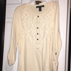 Cream colored quarter length polo shirt w design